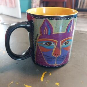 Laurel Burch Cat Mug Feline Folk Art Ceramic Coffee Cup Multi Color 4x3.5in